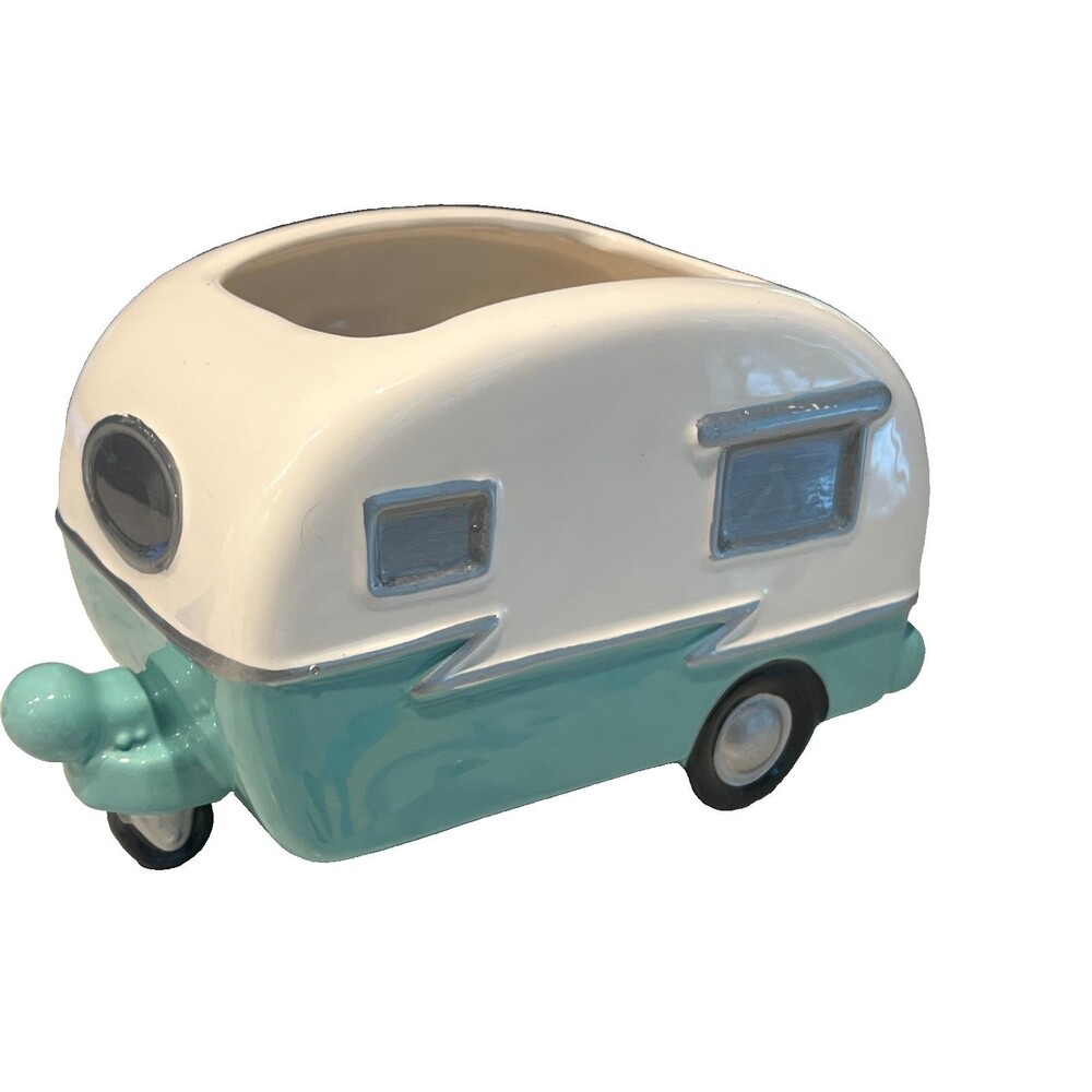 Retro Camper Planter RV Trailer, Teleflora Ceramic Vase Planter Turquoise - Picture 2 of 7